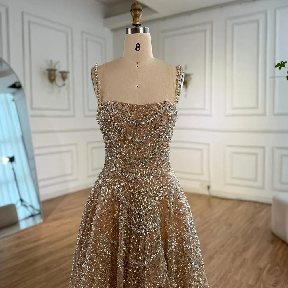 Abito da sera lussuoso color nude a linea A con perle e cristalli LA72983A