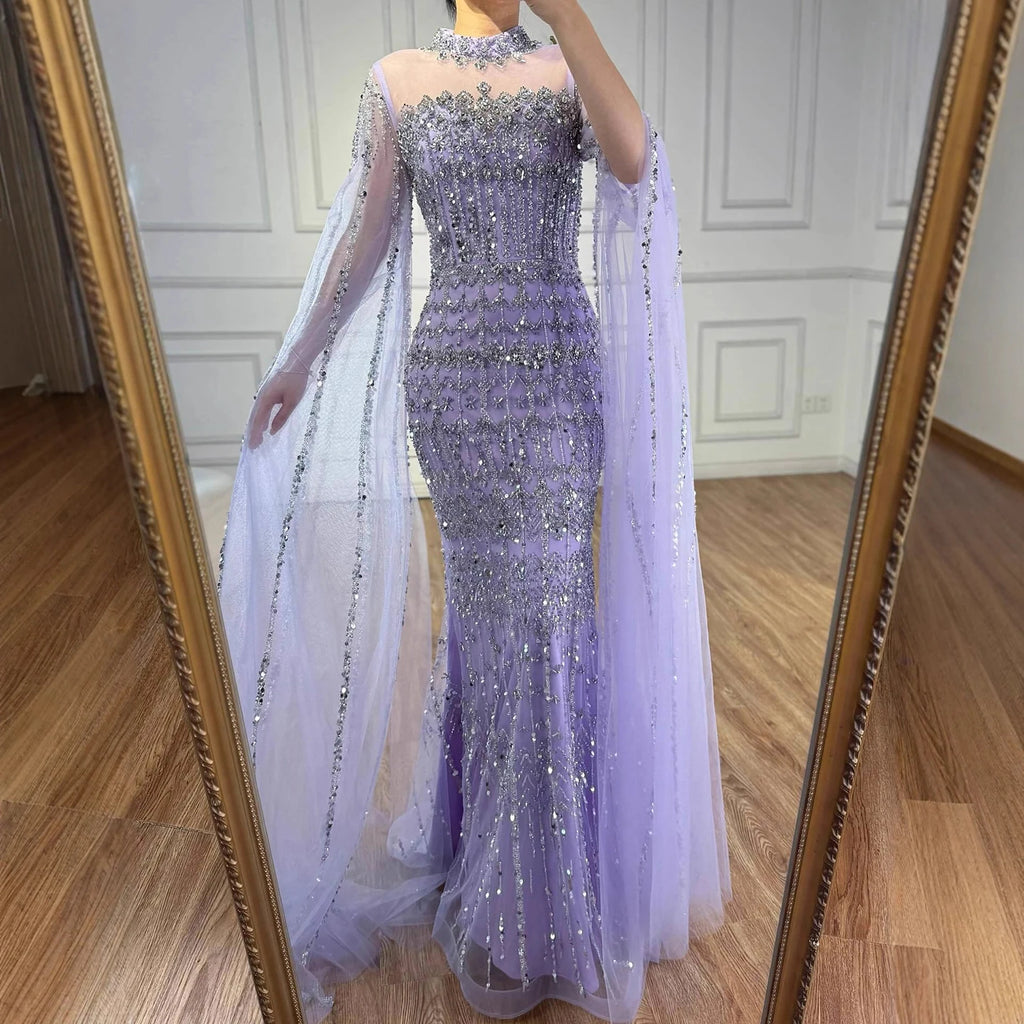 Serene Hill Dubai Blue Beaded Evening Dress with Cape Sleeves 2025 Formal Party Gowns for Women DLA72714A Customized