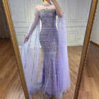 Serene Hill Dubai Blue Beaded Evening Dress with Cape Sleeves 2025 Formal Party Gowns for Women DLA72714A Customized