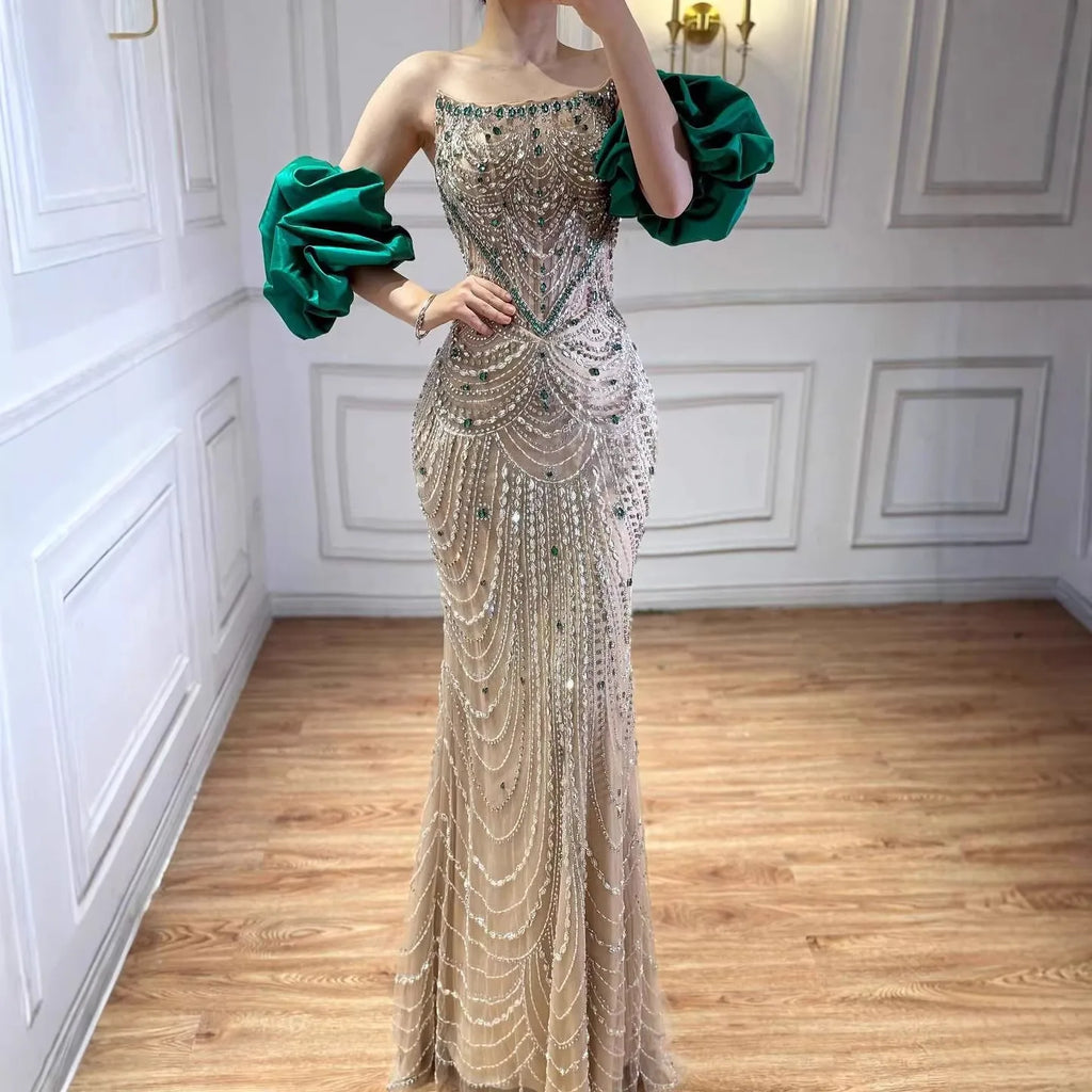 Luxury Beaded Evening Dresses with Elegant Puff Sleeves Pearl Beaded Adorned Design Serene Hill DLA72903 Customized