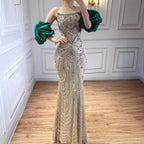 Luxury Beaded Evening Dresses with Elegant Puff Sleeves Pearl Beaded Adorned Design Serene Hill DLA72903 Customized