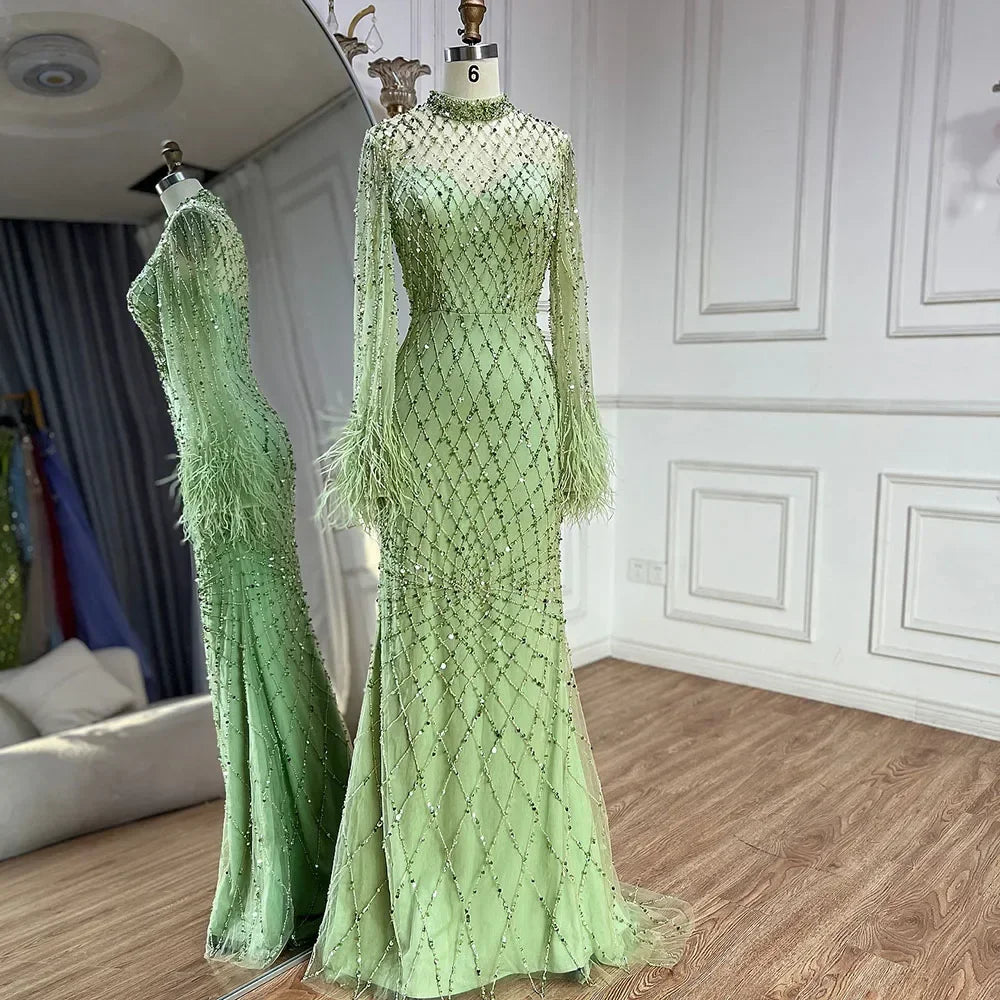Customized 2025 Dubai Green Grid Cut Out Lace Beaded Feathers Sleeves Elegant Dresses Gowns for Formal Occasion DLA72394A