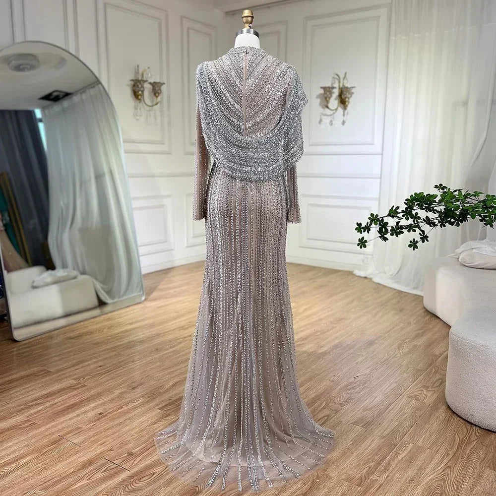 Serene Hill 2025 Muslim-inspired Silver Nude Beaded Sparkle Elegant Mermaid Evening Dresses Gowns for Party DLA70752H Customized