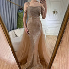 Serene Hill Gold Mermaid Elegant One Shoulder Overskirt Beaded Luxury Evening Dresses Gowns 2025 For Women Wedding Party LA72453