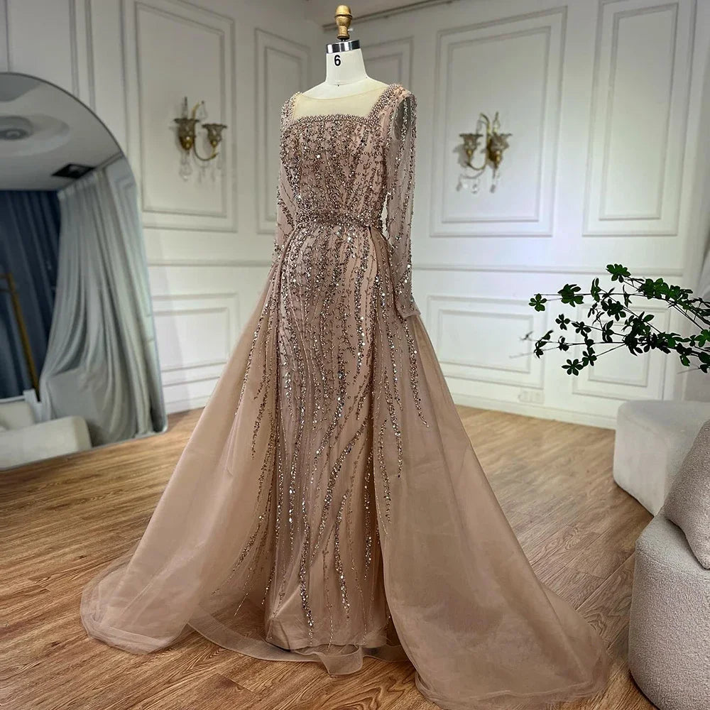 Serene Hill Customized Wine red Long Sleeves Mermaid Beaded Evening Dresses with Overskirt Party Gowns for Women DLA72710