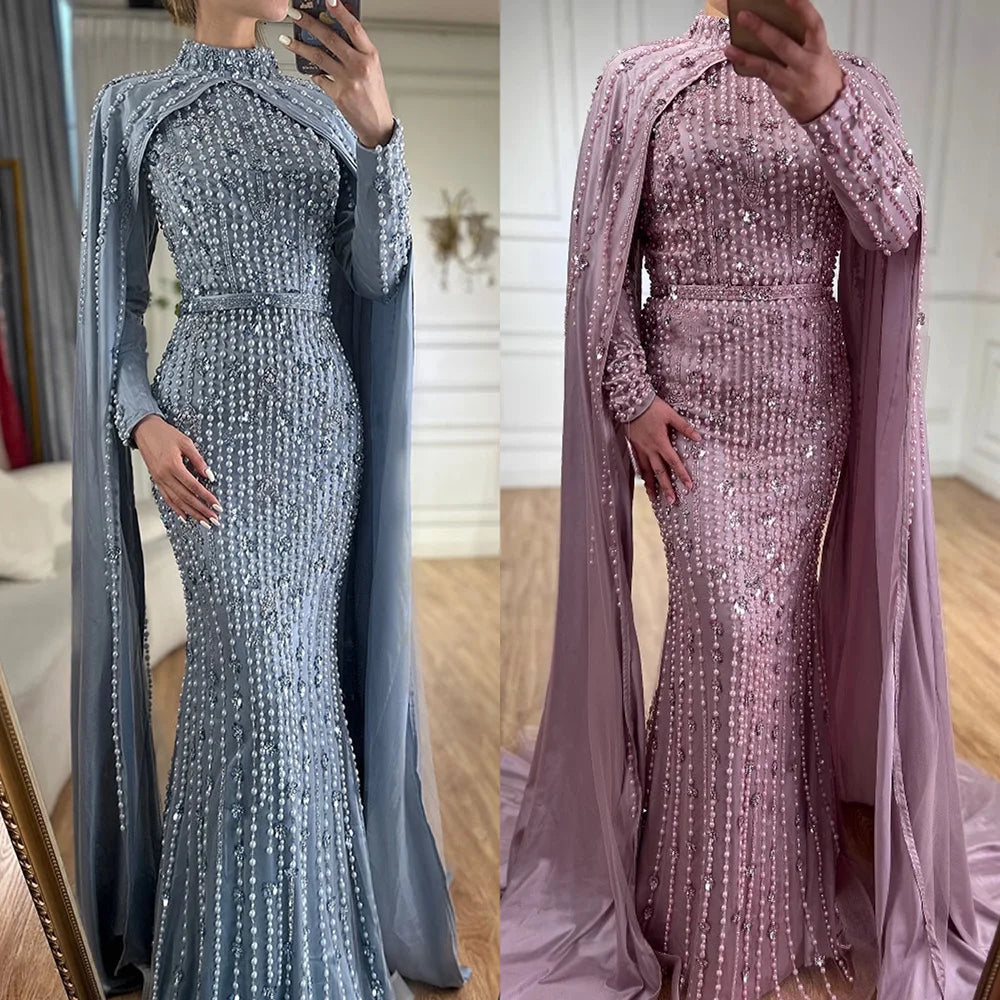 Serene Hill Pink Long Sleeves High Neck Muslim Mermaid Beaded Evening Party Gown Dress with Cape for Women DLA72533 Customized