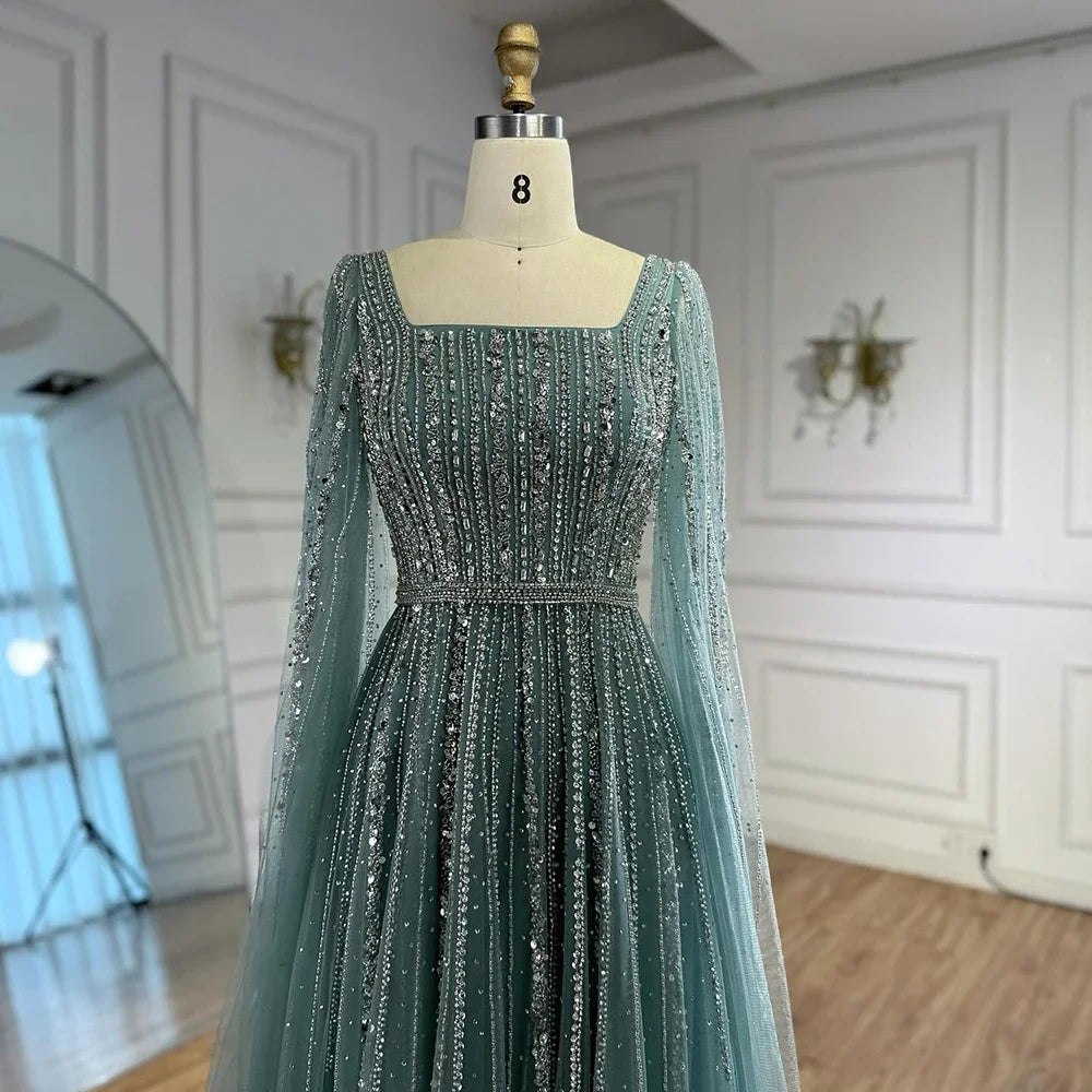 Serene Hill Turquoise Square Collar Beaded Evening Dress with Cape Sleeves Dubai Pary Gowns for Women DLA73188 Customized
