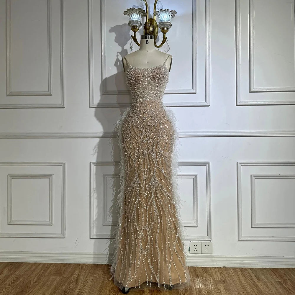 Serene Hill White Nude Spaghetti Strap Feathers Beaded Mermaid Evening Dress Party Gown for Women DLA72823 Customized