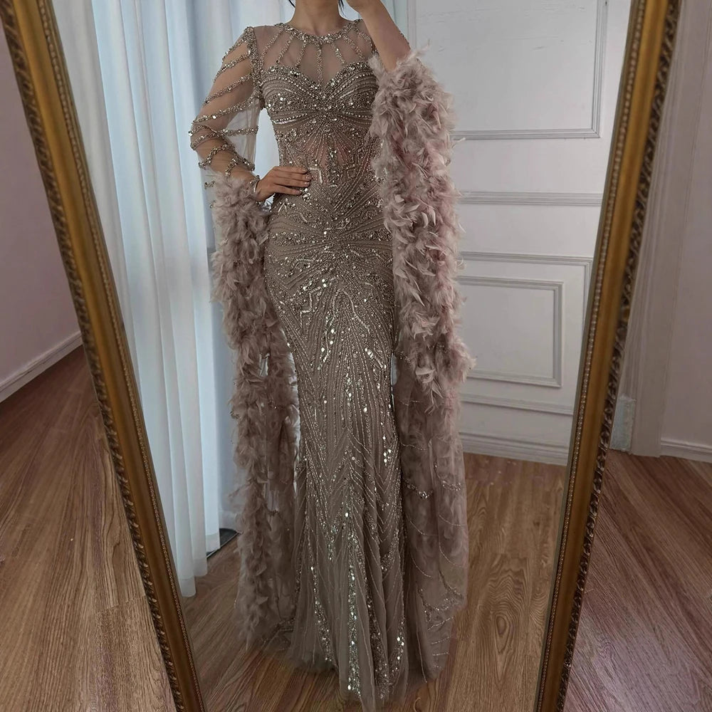Serene Hill Pink Luxury Beaded Mermaid Evening Dress Gowns with Feathers for Formal Occasion Customized DLA72708A