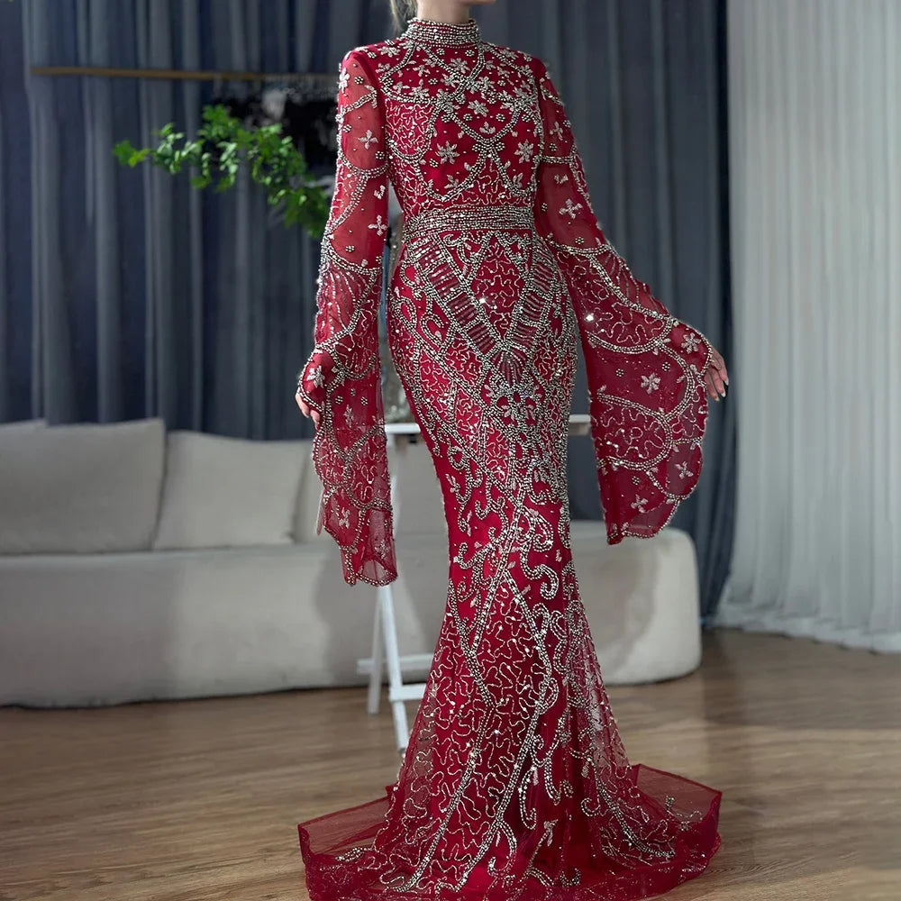 Serene Hill Customized Muslim Gray Mermaid Cape Sleeve Beaded Evening Dress Dubai Elegant Party Gowns 2025 for Women DLA72316