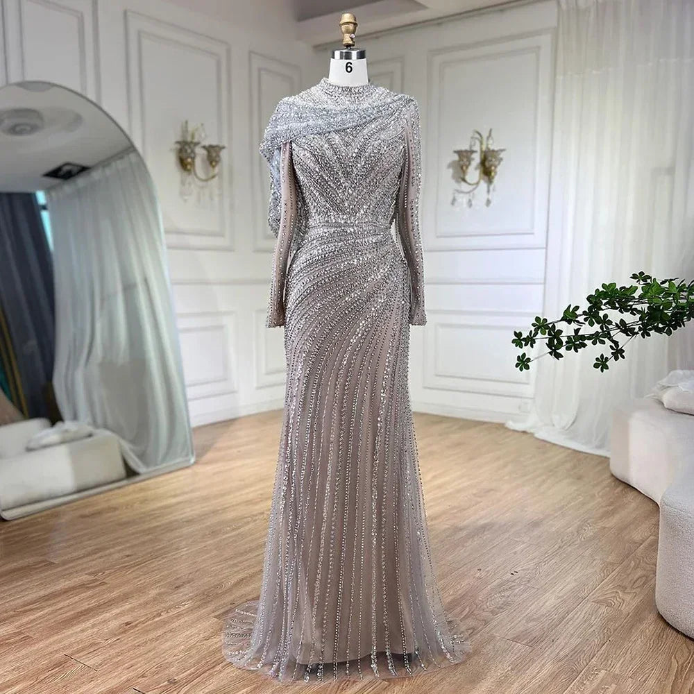 Serene Hill 2025 Muslim-inspired Silver Nude Beaded Sparkle Elegant Mermaid Evening Dresses Gowns for Party DLA70752H Customized
