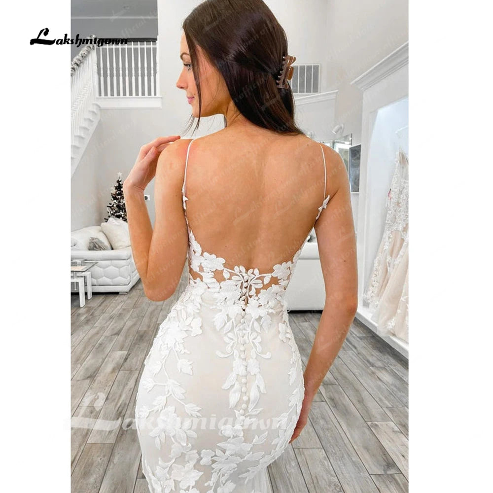 Lakshmigown Lace Mermaid Wedding Dress Spaghetti Straps Cut Out Long Train Bridal Gowns Vestidos de Nova