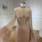 Serene Hill Nude High Neck Long Sleeves Feathers Mermaid Beaded Evening Dress Party Gowns for Women DLA72394 Customized
