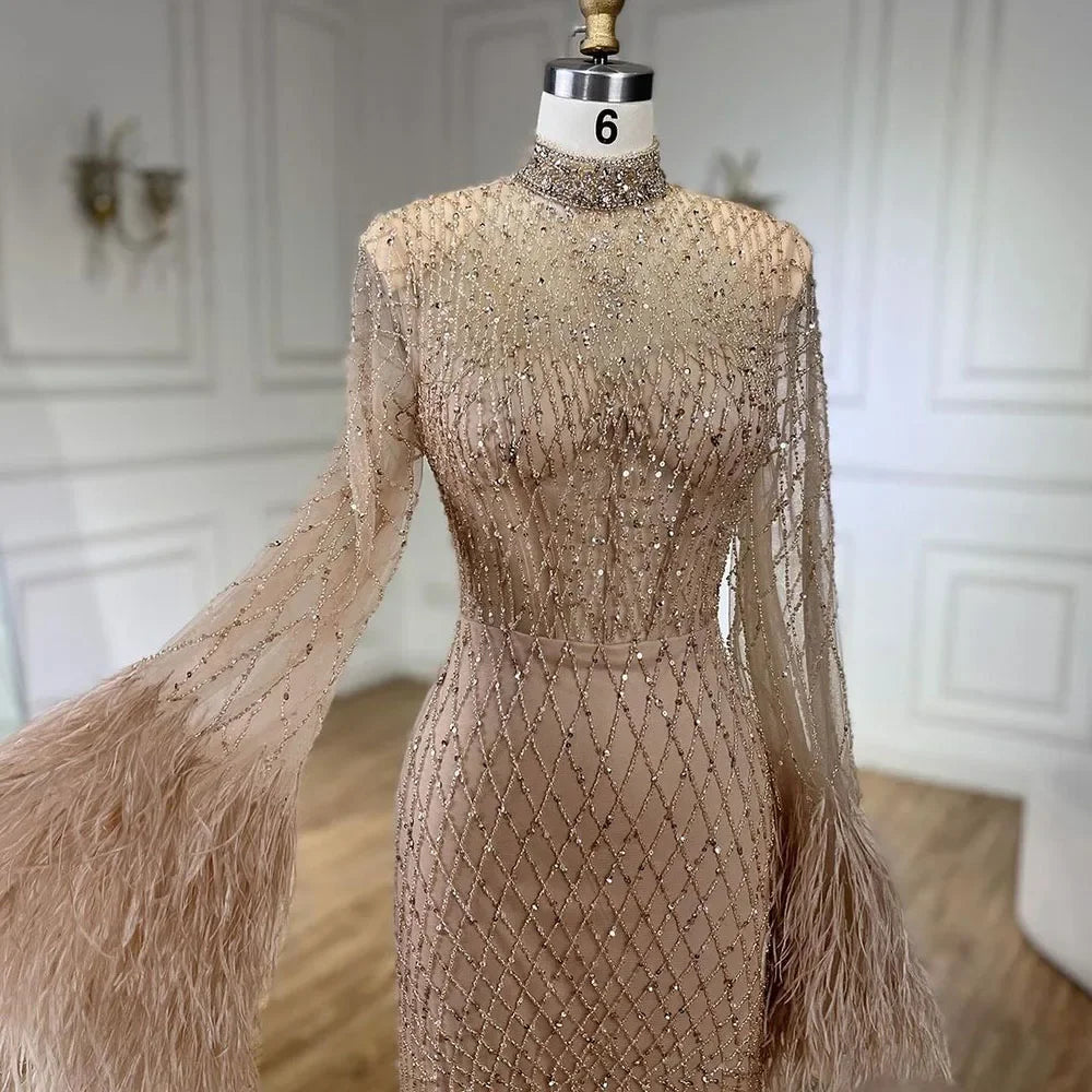 Serene Hill Nude High Neck Long Sleeves Feathers Mermaid Beaded Evening Dress Party Gowns for Women DLA72394 Customized
