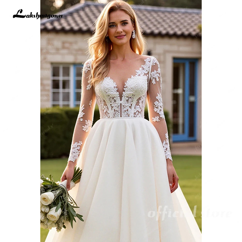 Lakshmigown lvory A Line Long Sleeves Lace Appliqued Wedding Dress 2026 Sweep Train Brides Gown Vestidos De Novia Customized