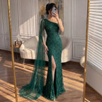 Serene Hill Customized Gold Mermaid Beaded One Shoulder Cape Sleeve Evening Dresses Split Elegant Party Gowns For Women DLA71493
