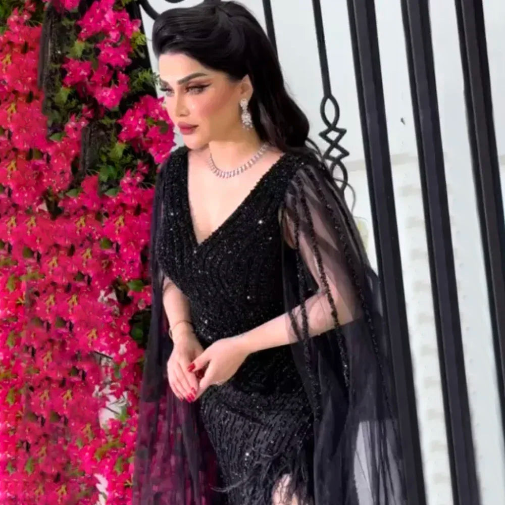 Serene Hill Black Mermaid Cape Sleeves Feathers Beaded Evening Dresses Party Gowns with Split for Women DLA72216 Customized