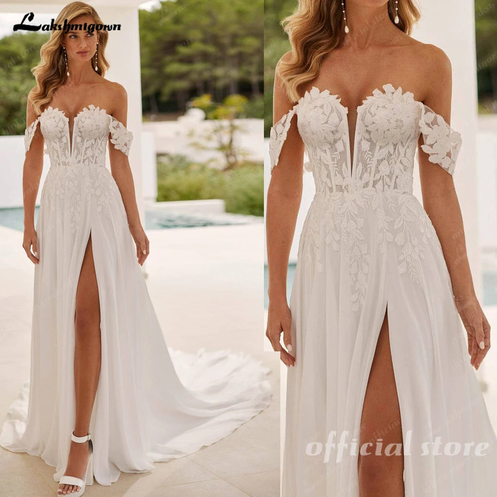 Lakshmigown Boho Beach Chiffon Wedding Dress For Woman Bride Slit Off the Shoulder A-line Vestido De Casamento Customized