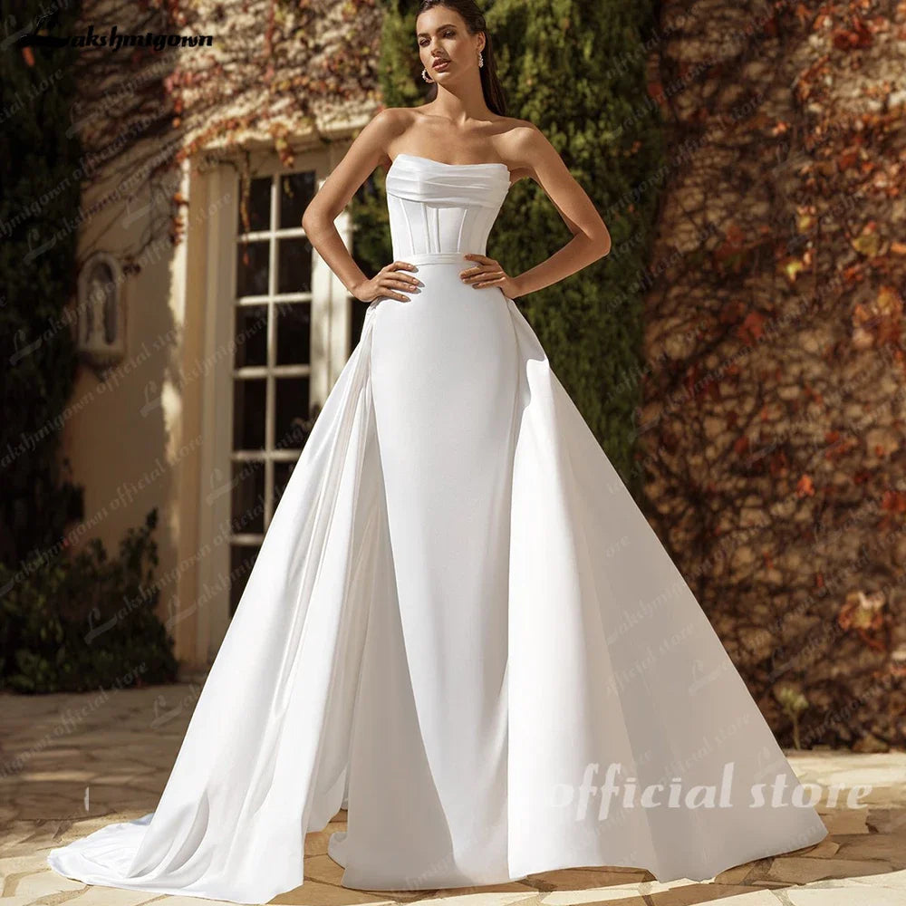 Lakshmigown Mermaid Wedding Dresses with Detachable Train Strapless Sleeveless Pleat Backless Sweep Train Vestidos Customized
