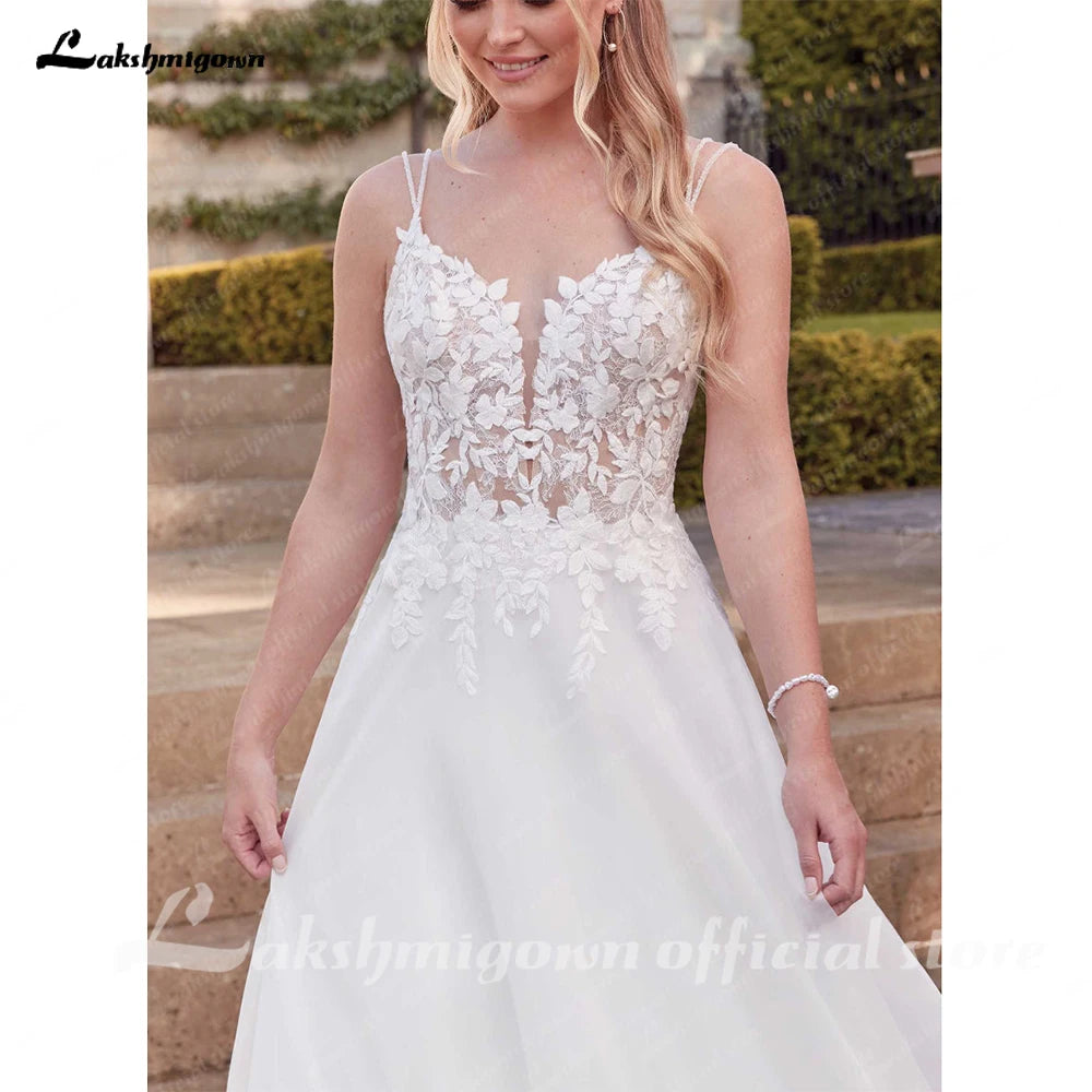 Lakshmigown Vintage Wedding Dresses for Bride Spathetti Straps V-neck Illusion Lace Appliques Robe De Mariee Customized