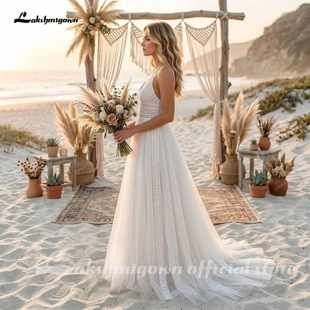 Lakshmigown Boho Spaghetti Straps Wedding Dresses Cheap Sexy Bride Lace Beach Wedding Gown V Neck  Customized