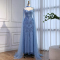 Abito da sera di lusso con paillettes blu, perline e maniche a mantello LA73108