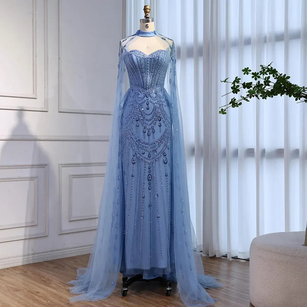 Abito da sera di lusso con paillettes blu, perline e maniche a mantello LA73108