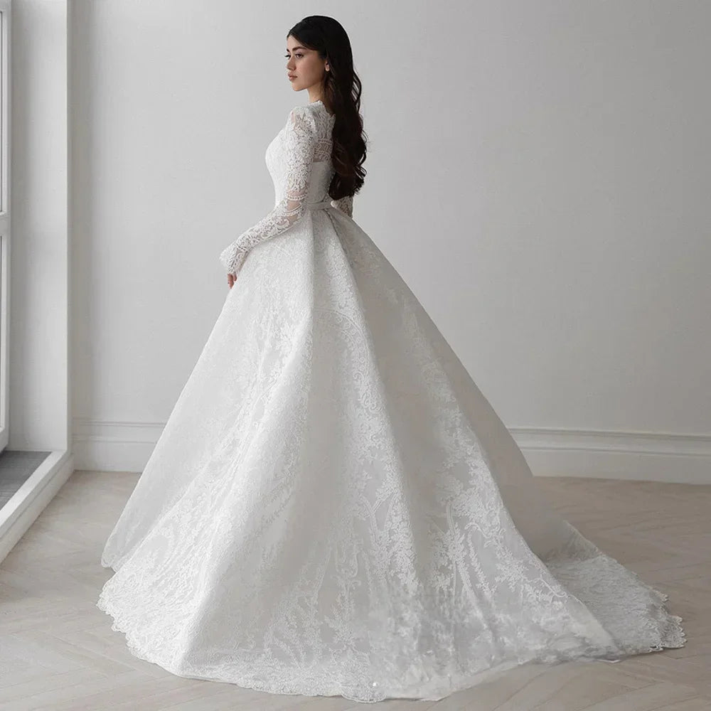 Customized Gorgeous Lace Long Sleeves Wedding Dress for Bride Square Neck Sweep Train Bridal Gown Vestido De Noiva
