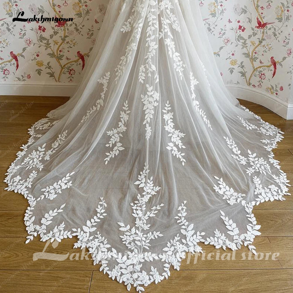 Lakshmigown Boho Off Shoulder Wedding Dress Deep V Neck Illusion Bodice A‑Line Tulle Bridal Gown 3D Leaf Lace Appliqu Customized