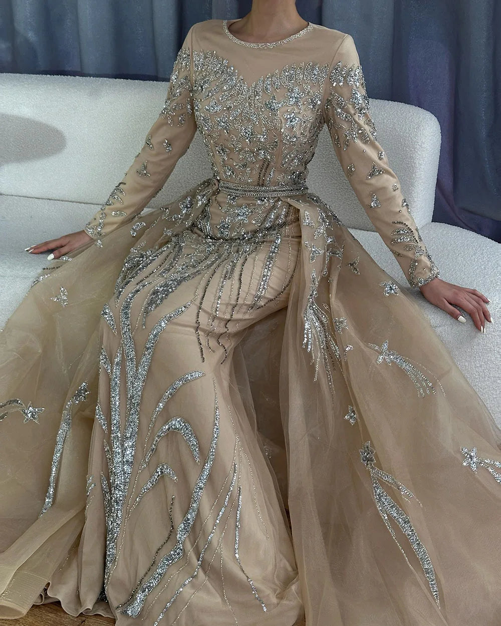 Serene Hill Customized Nude Long Sleeves Mermaid Beaded Muslim Evening Dresses Overskirt Dubai Party Gowns For Women DLA71943