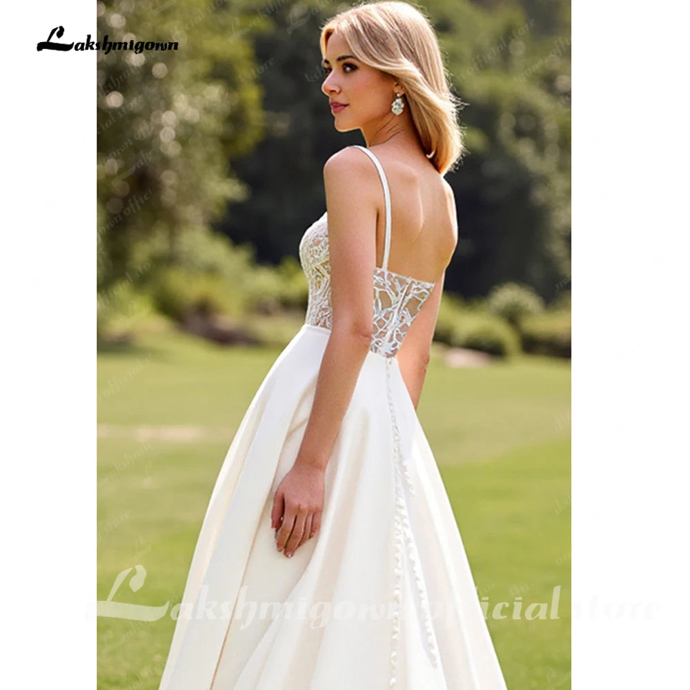 Lakshmigown Lace Ivory A Line Spaghetti Straps Garden Wedding Dress Crepe SatinCustomized Country Bridal Gowns vestido femininos