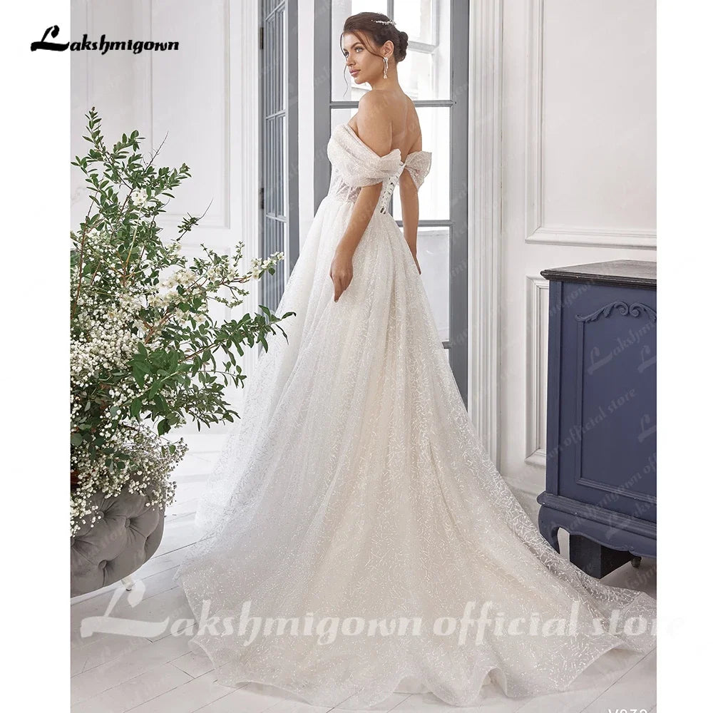 Lakshmigown Luxury Boat Neck Bohemian Wedding Dress Off-the-shoulder Draped Open Back Floor Length Wedding Gowns Customized