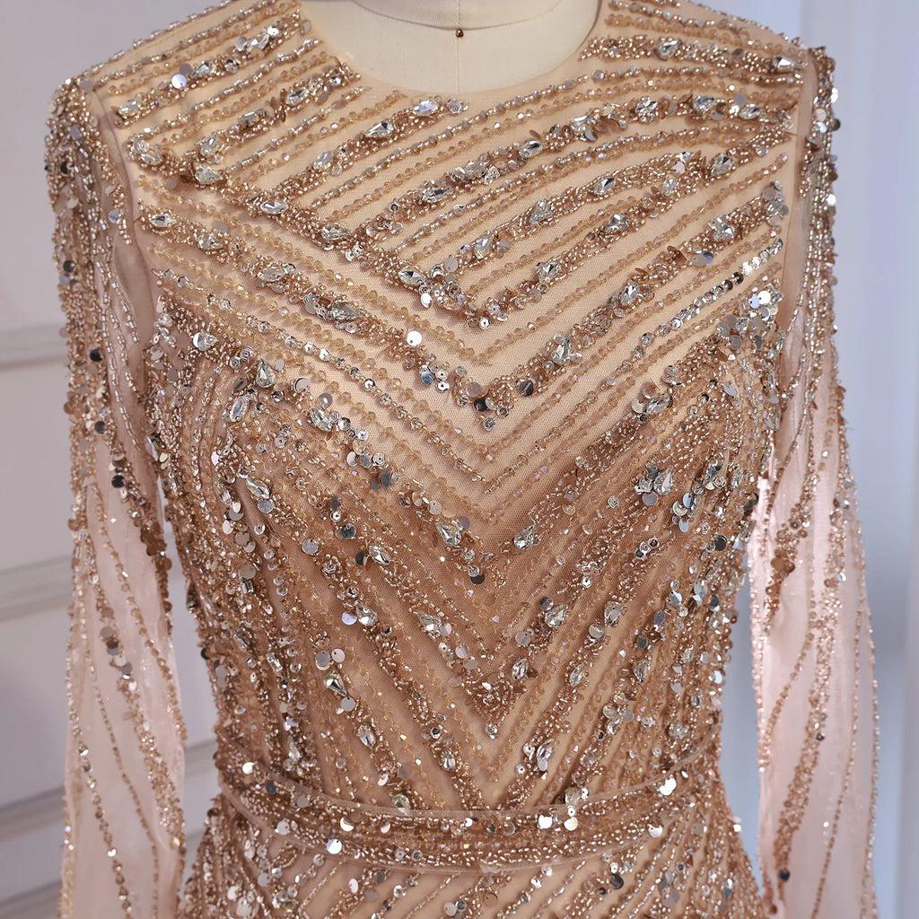 Serene Hill Nude Crew Neck A-line Long Sleeves Evening Dress Beaded Wedding Party Gowns for Women 2026 Customized DLA73208