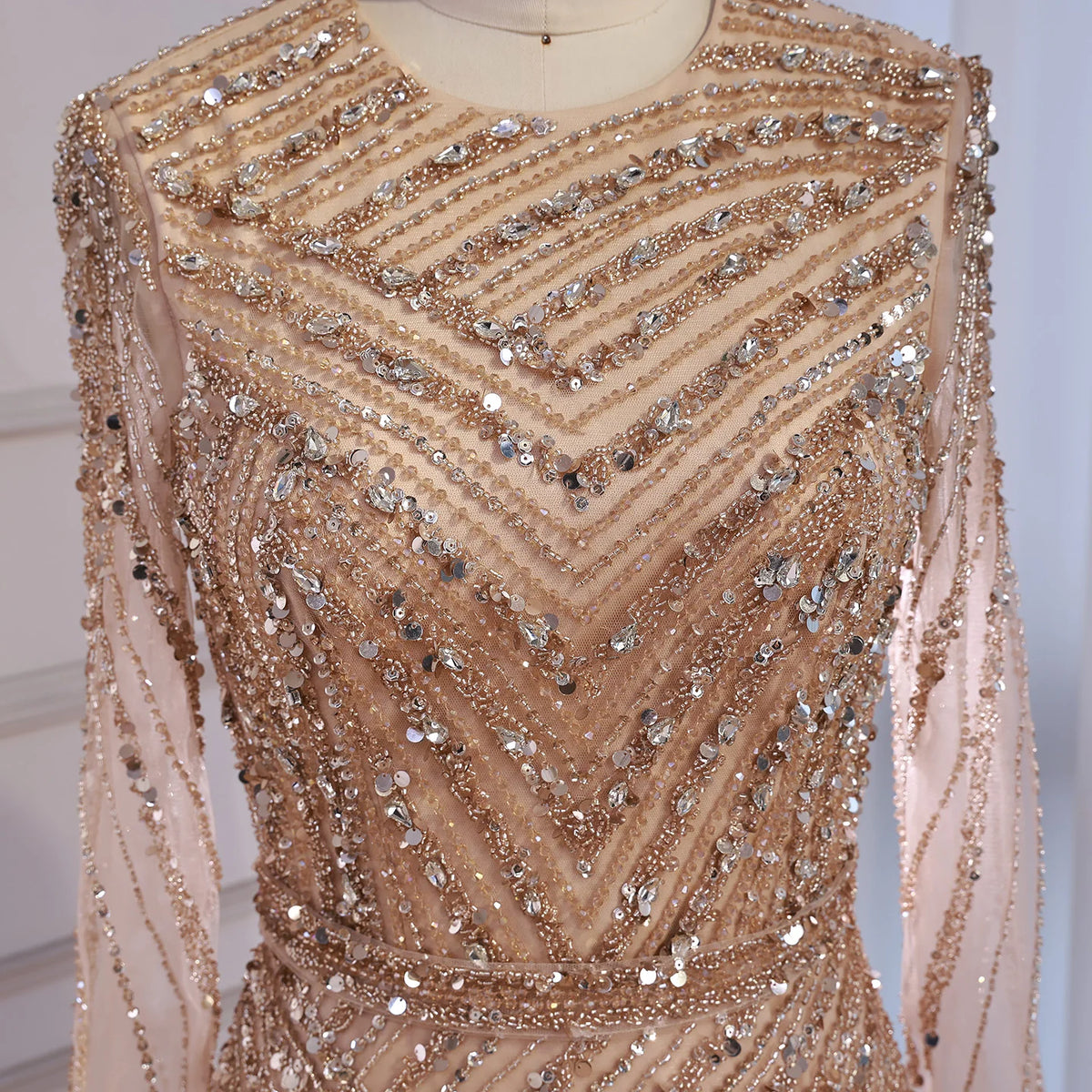 Serene Hill Nude Crew Neck A-line Long Sleeves Evening Dress Beaded Wedding Party Gowns for Women 2026 Customized DLA73208