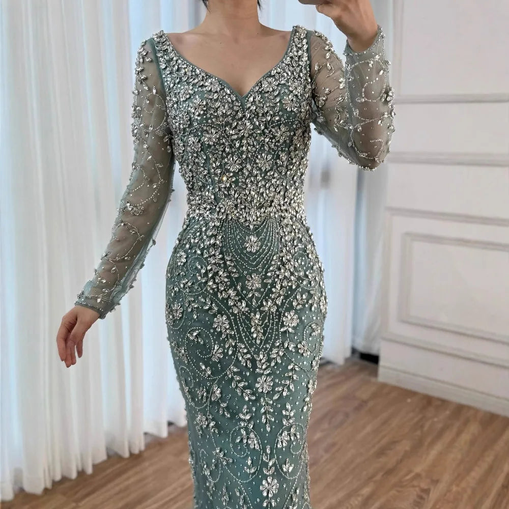 Serene Hill Turquoise V-neck Long Sleeve Mermaid Beaded Evening Dresses 2025 Luxury Party Gowns for Women DLA73042 Customized