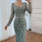 Serene Hill Turquoise V-neck Long Sleeve Mermaid Beaded Evening Dresses 2025 Luxury Party Gowns for Women DLA73042 Customized