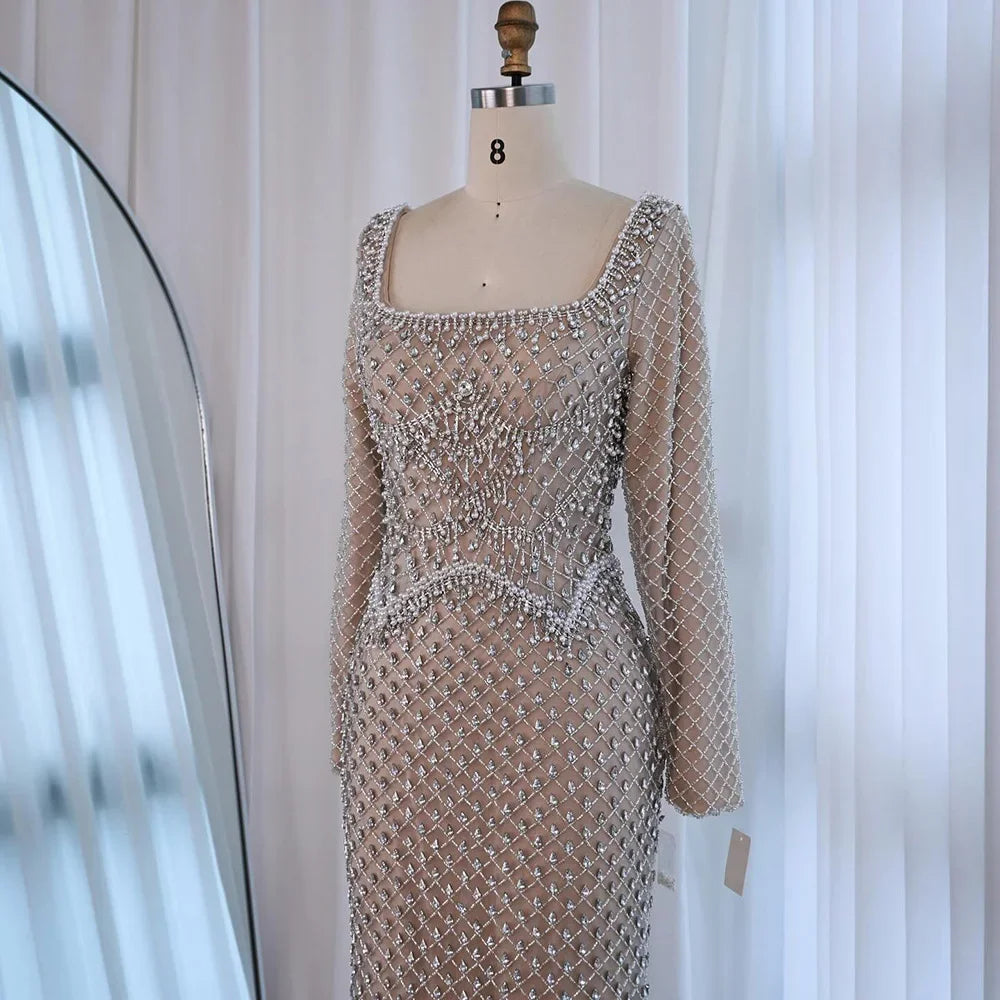 Elegant Beaded Pearl Mermaid Evening Dress with Long Sleeves for Wedding Occasion Serene Hill 2025 Customized DLA72919A