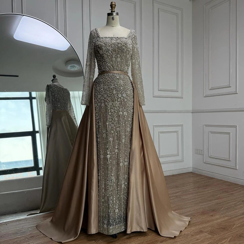 Serene Hill Turquoise Square Collar Mermaid Beaded Evening Dress Overskirt Party Gowns with Long Sleeves Customized DLA72533A