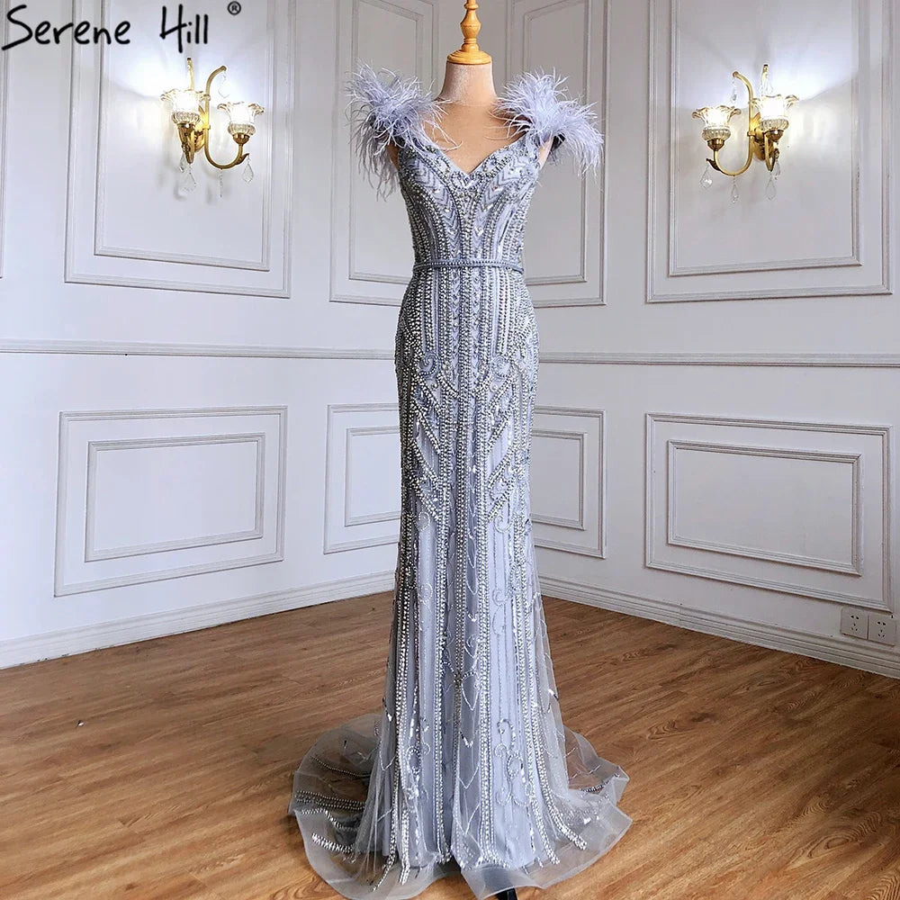 Serene Hill Customized Lilac Feathers Beaded Mermaid Evening Dresses 2025 Elegant Party Gowns for Women DLA70830
