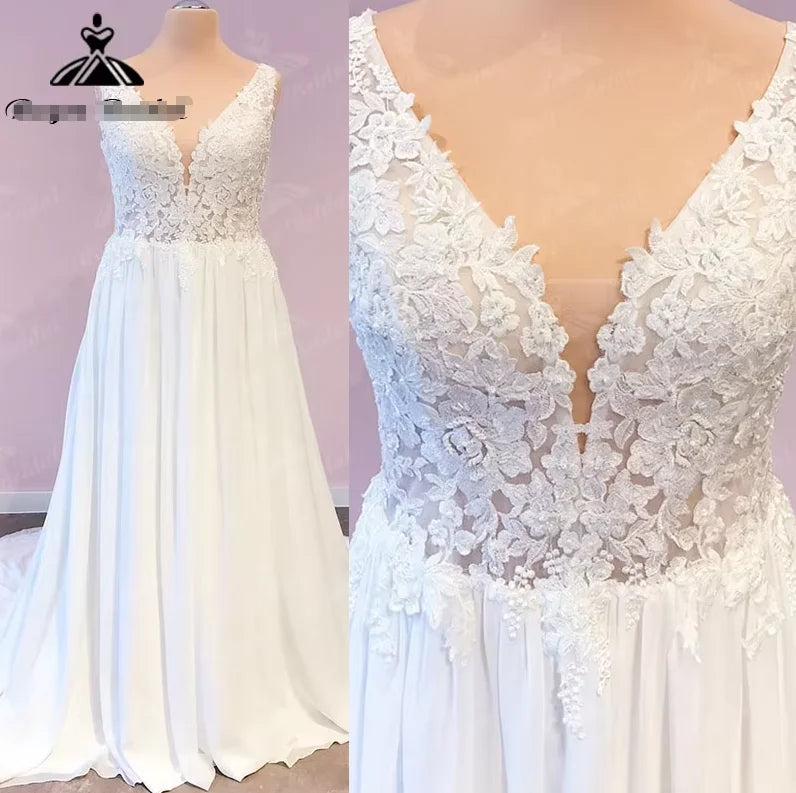 Lakshmigown Plus Size Wedding Dress A Line V Neck Tank Lace Appliques Chiffon Wedding Party Gowns Bride Gown Customized