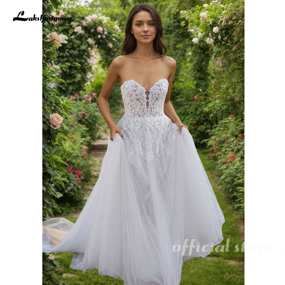 Lakshmigown Strapless Sweetheart Corset Wedding Dress Lace Appliques A Line Bridal Gown Customized Boho Wedding Gown