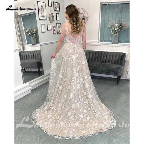 NumberSea Vintage Champagner Volle Spitze Boho Hochzeit Kleid 2025 Vestidos Noivas V Neck Sexy Braut Hochzeit Kleider Open Back 