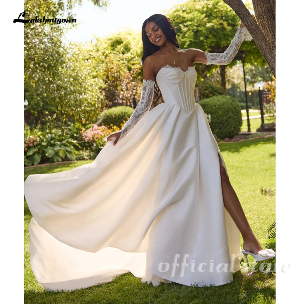 Lakshmigown A Line Satin Wedding Dress 2026 New Off the Shoulder Lace Long Sleeves Wedding Gown Corset Bridal Dress Customized