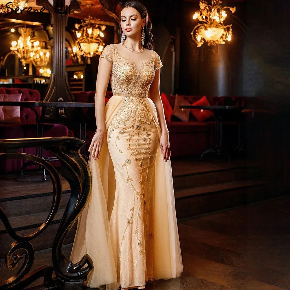 Serene Hill Customized Short Sleeve Evening Dresses Mermaid Beaded Formal Party Gowns for Women DLA60960