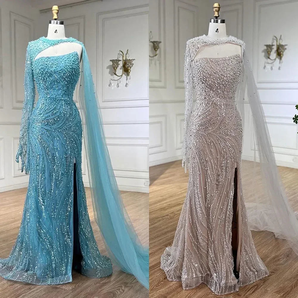 Serene Hill Customized Blue Mermaid High Split Pearls Beaded Evening Dress with Glove Formal Party Gowns For Women 2026 DLA72268