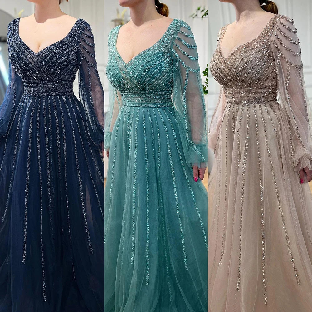 Serene Hill Customized Navy Long Sleeves A-Line Beaded Arabic Evening Dresses Gowns 2024 For Women Wedding Party DLA71867
