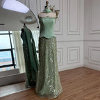Vestido de Noite de Sereia com Contas Verde Sálvia de Luxo LA73050C