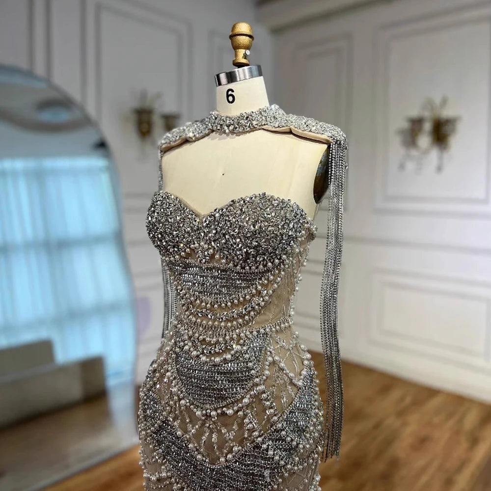 Serene Hill Nude Strapless Mermaid Pearls Beaded Evening Gowns Luxury Party Dress with Tassel DLA72876 Customized