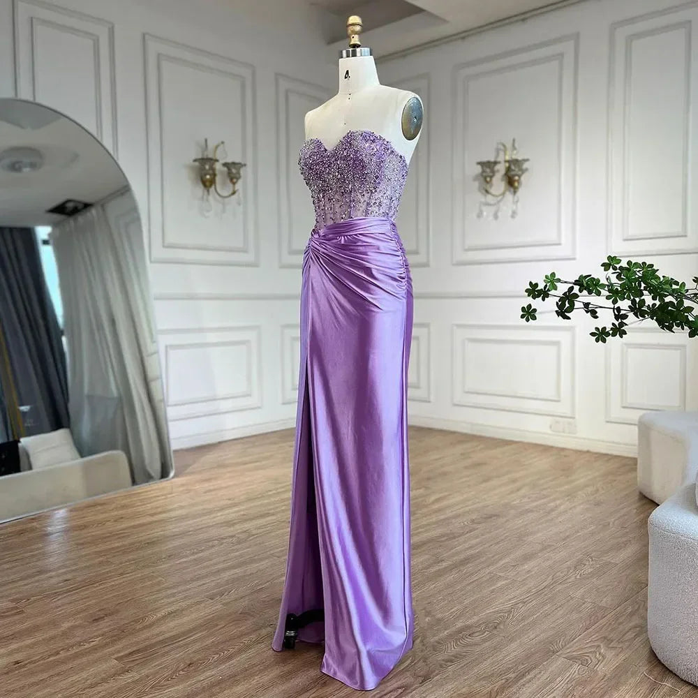 Serene Hill Customized Lilac Satin Split Strapless Mermaid Evening Dresses Beaded Party Gowns for Women Bridesmaid DLA72329