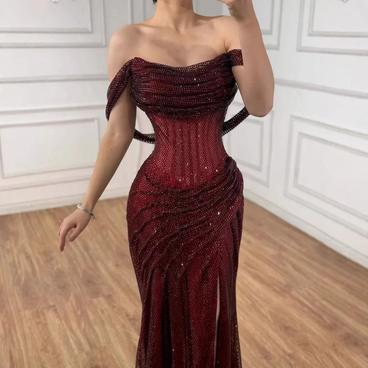 Serene Hill 2026 Silver Off Shoulder Mermaid Sparkle Evening Dress Elegant Wedding Party Gowns for Women Customized DLA73410
